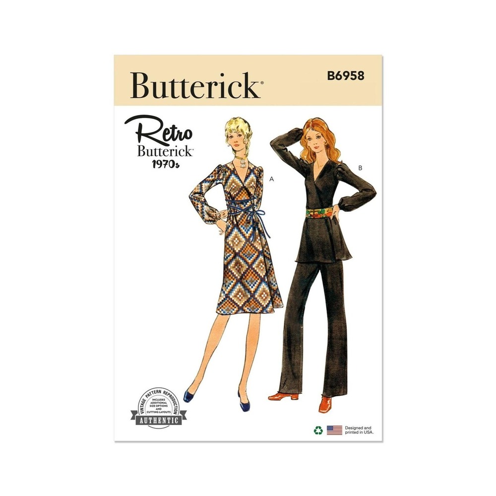 Butterick Retro 1970s Sewing‎ Pattern B6958 Wrap Dress Tunic Pants Sizes 18-26